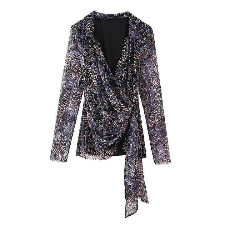 Damen nan drapiertes Wickelchiffon-Blusentop mit Hemdkragen und langen Bindeschleifen Drune