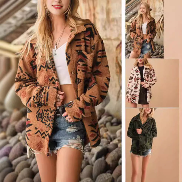 Damen kuschelige Overshirt-Jacke im Ethno-Design Drune