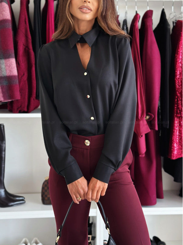 Damen elegante Chiffonbluse mit dekorativen Knöpfen und Stehkragen Drune