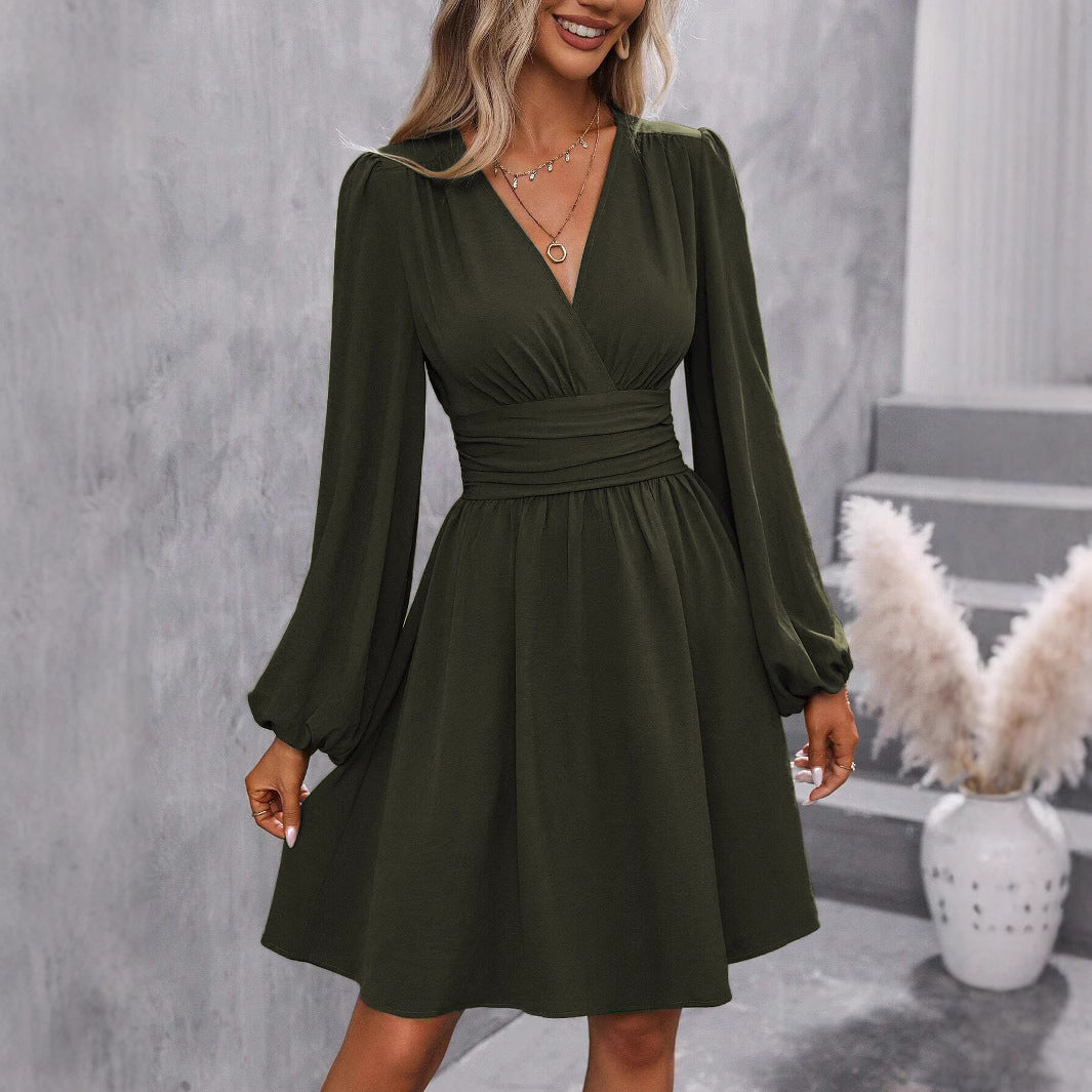 Damen modernes Wickelkleid mit lässigen Puffärmeln und Taillengürtel Drune