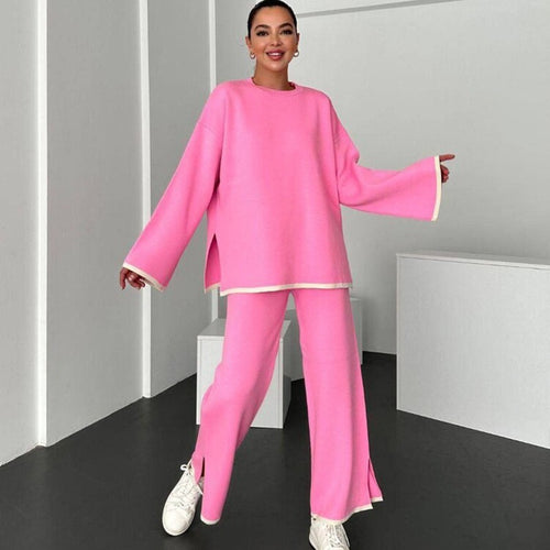 Damen Lässiges Strick-Relax-Set mit weitem Oversize-Pullover und ausgestellter Schlaghose Drune