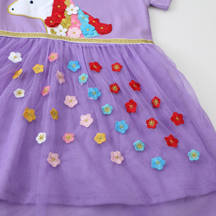 Mädchen Tüllkleid mit bunten Einhorn- und Blumenapplikationen Drune