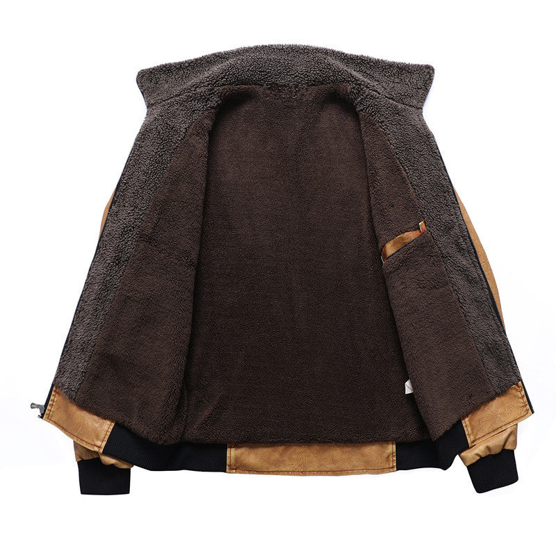Herren Vintage-Bomberjacke aus Kunstleder mit Sherpa-Innenfutter und Rippbündchen Drune
