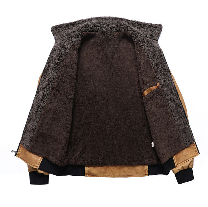 Herren Vintage-Bomberjacke aus Kunstleder mit Sherpa-Innenfutter und Rippbündchen Drune