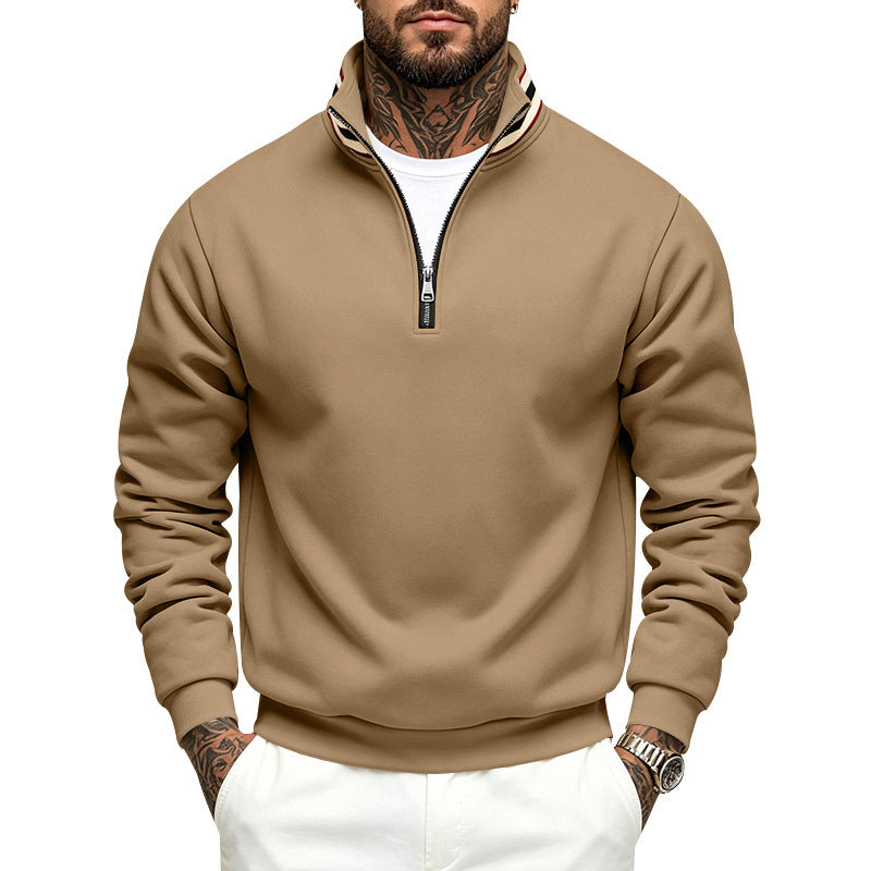 Herren Sweatshirt mit Halbreißverschluss und gestreiftem Stehkragen Drune
