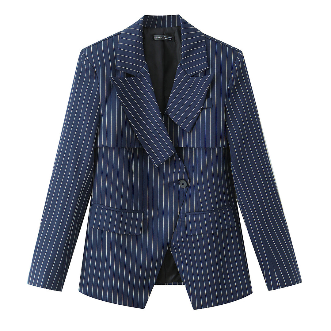 Damen nan taillierter Nadelstreifen-Blazer mit asymmetrischem Revers und Pattentaschen Drune