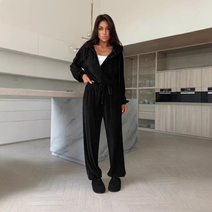 Damen gemütliches Fleece-Loungewear-Set mit praktischer Kapuze und elastischem Bund
