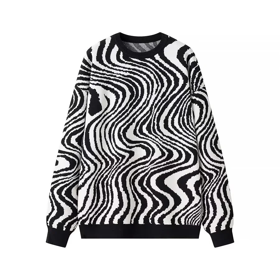 Unisex nan weit geschnittener Strickpullover mit abstraktem Wellenmuster und Rundhalsausschnitt Drune