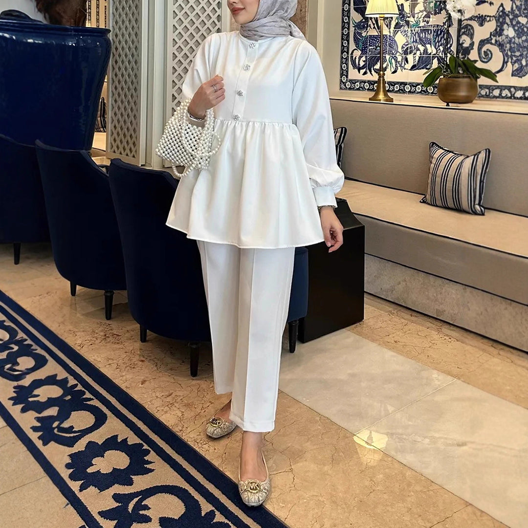 Damen Elegantes Tunika‑Hosen‑Set mit geraffter Empire‑Tunika und schlanker Anzughose Drune