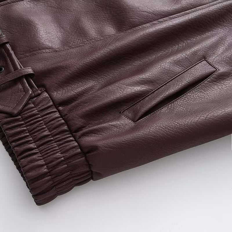 Damen Kunstleder Bikerjacke mit asymmetrischem Reißverschluss und Taillengürtel Drune