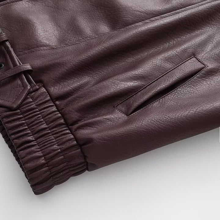 Damen Kunstleder Bikerjacke mit asymmetrischem Reißverschluss und Taillengürtel Drune