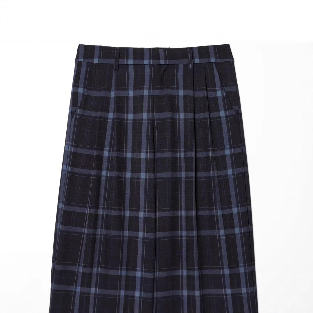 Damen Hochgeschnittene karierte Hose mit weitem Bein, Bügelfalte und Bundschlaufen Drune