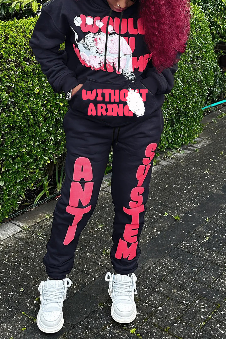 Damen Sportliches Sweatpants und Hoodie Set mit auffälligem Schriftzug Drune
