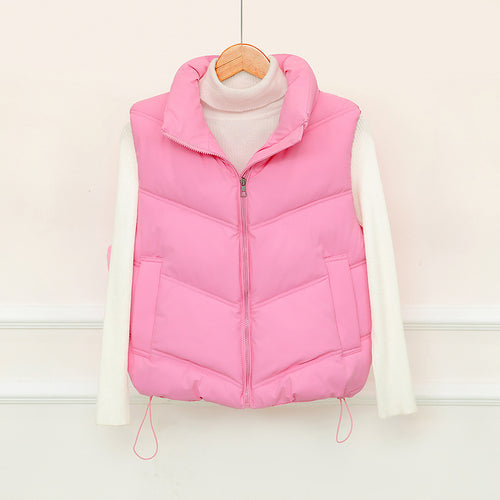 Damen Kurz geschnittene Puffer‑Steppweste mit V‑Quilt, hohem Stehkragen und Kordelzugsaum Drune