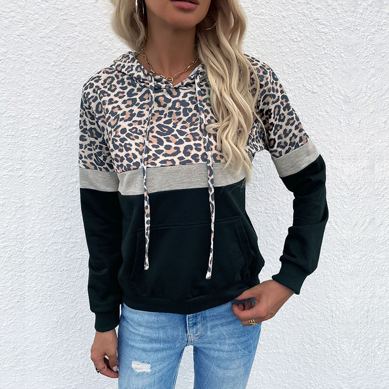 Damen Kapuzenpullover im Blockdesign mit Leopardenmuster, Kängurutasche und Tunnelzug Drune