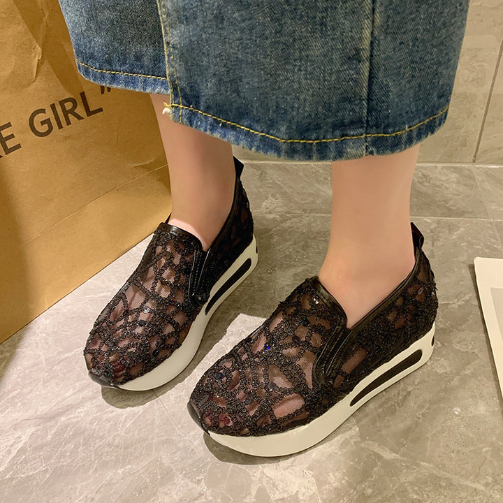 Damen Elegante Keil-Slipper mit transparentem Mesh, Paillettenstickerei und dämpfender Plateau-Sohle Drune