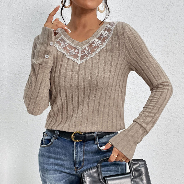 Damen Taillierter Rippstrick‑Pullover mit transparentem Spitzeneinsatz am V‑Ausschnitt Drune