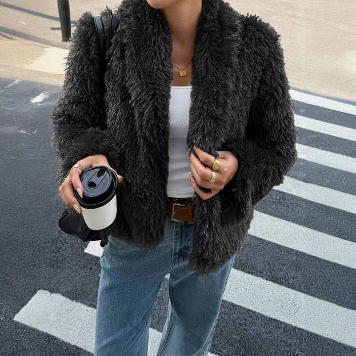 Damen nan flauschiger Teddy-Mantel mit Oversize-Schalkragen, kurzer Länge und geradem Schnitt Drune