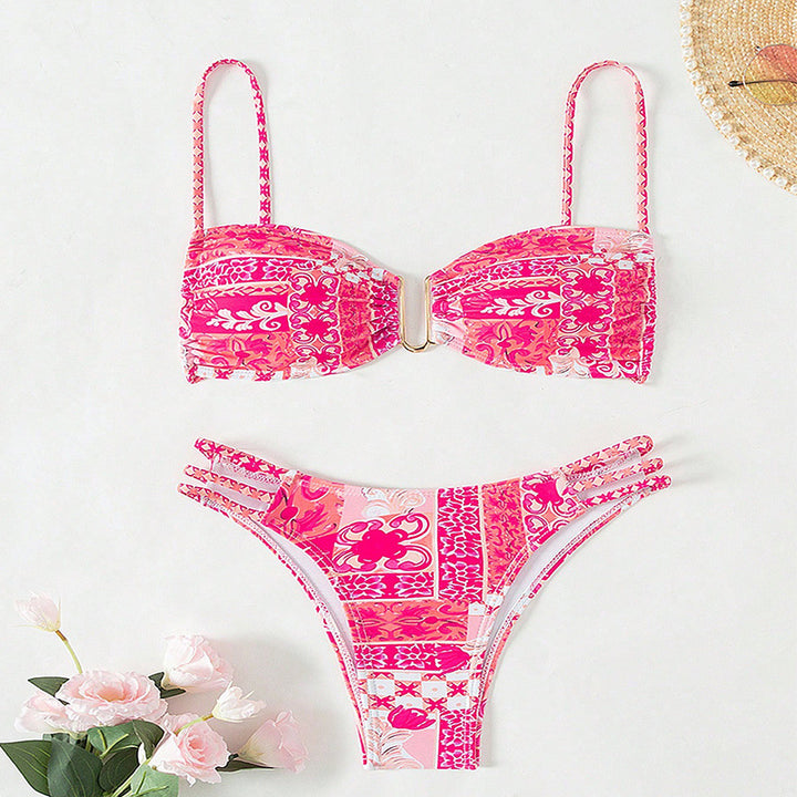 Damen Bandeau-Bikini mit raffinierten Rüschendetails und elegantem Muster Drune