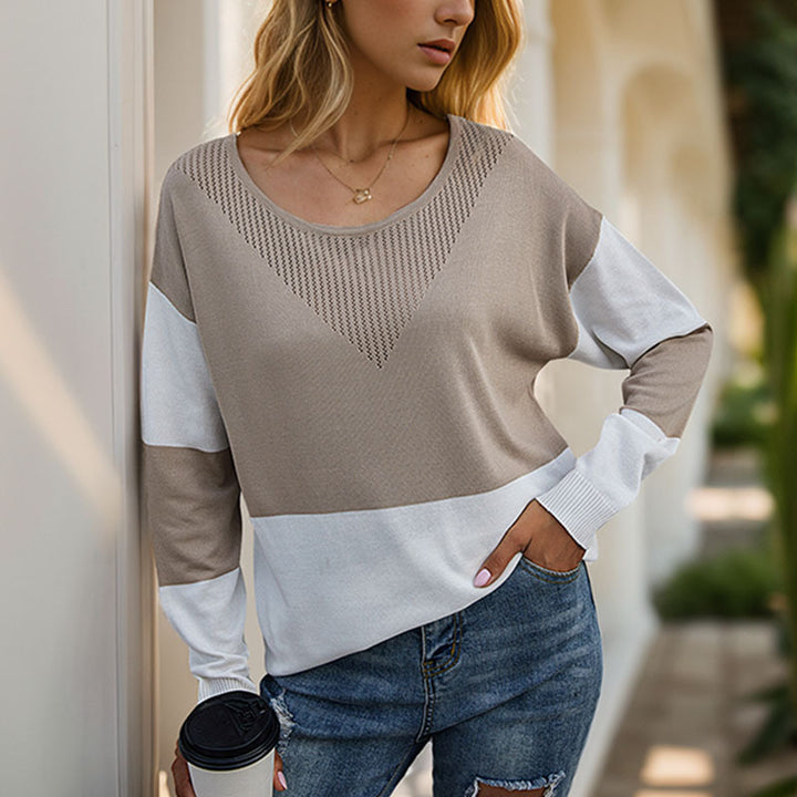 Damen Oversize Strickpullover mit Rundhals, Ajour-Dreieck und Blockstreifen Drune