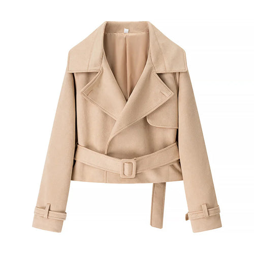Damen nan cropped Mantelblazer im Velours‑Look mit breitem Revers und Taillengürtel Drune