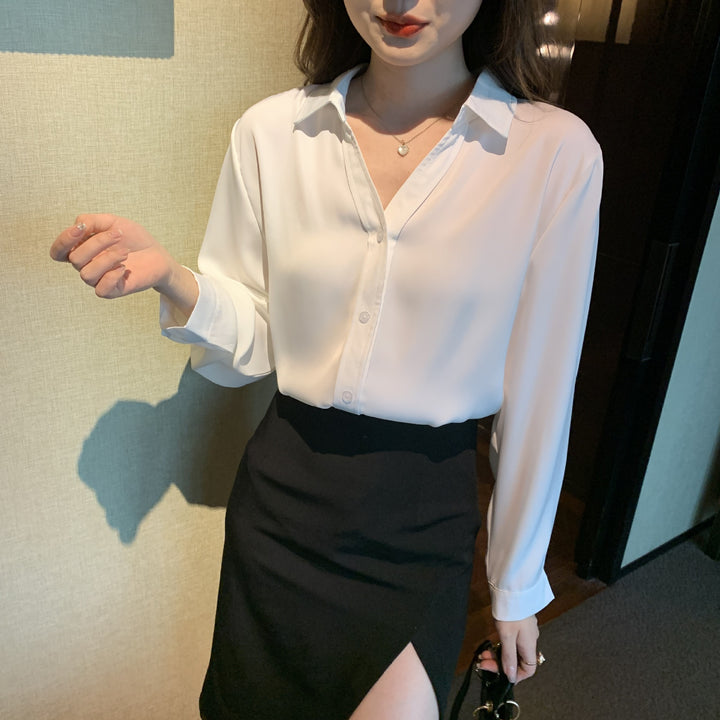 Damen elegante Bluse mit feinem Kragen und seitlichem Knopfverschluss Drune