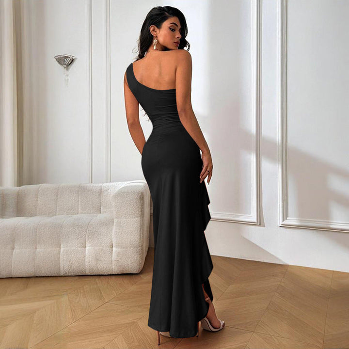 Damen elegantes Langarm-Maxi-Kleid mit asymmetrischem Saum Drune