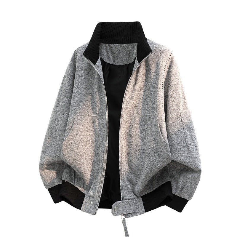 Herren Oversize Melange-Field-Bomberjacke aus Wollmix mit hohem Rippenkragen & Utility-Ärmeltasche Drune