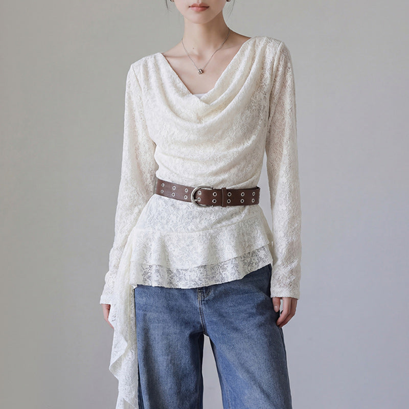 Damen nan drapiertes Spitzen-Top mit asymmetrischem Zipfelsaum und Taillengürtel Drune