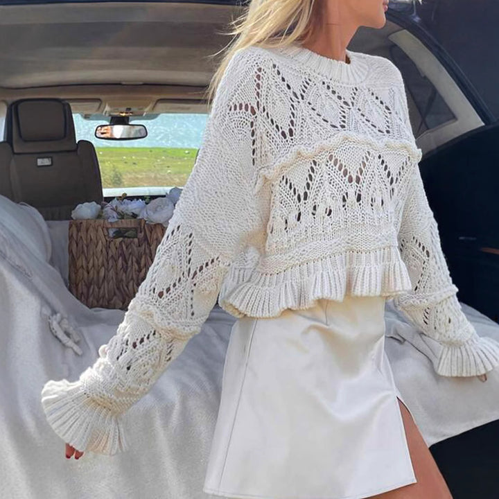 Damen Strickpullover mit Rüschen und Lochmuster Drune