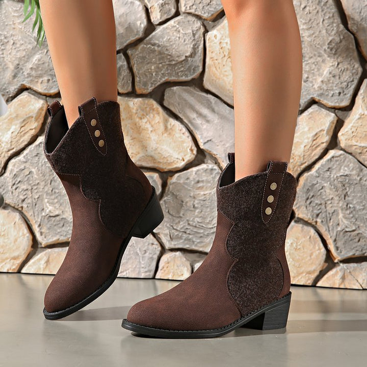 Damen Modische Cowboy-Stiefeletten mit geschmackvollen Details und robustem Blockabsatz Drune