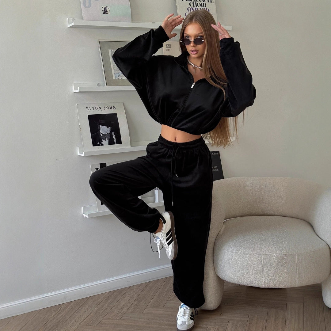 Damen Samt-Loungewear-Set mit kurzem Reißverschluss-Sweater und weitem Kordelzug-Hose Drune
