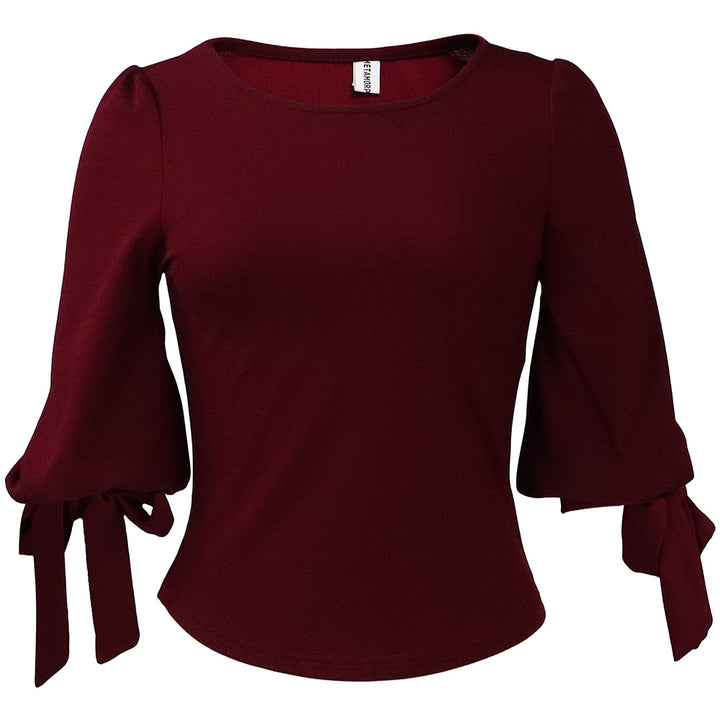 Damen modische Bluse mit Taillenband und Puffärmeln Drune