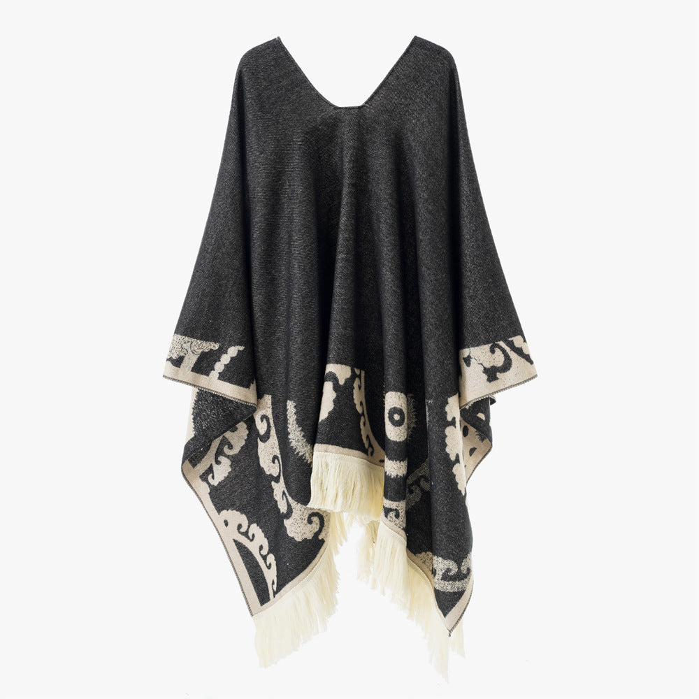 Damen Wollmix-Medallionponcho mit V-Ausschnitt und Fransensaum Drune