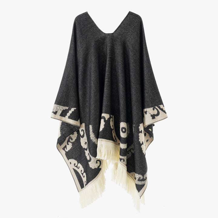 Damen Wollmix-Medallionponcho mit V-Ausschnitt und Fransensaum Drune