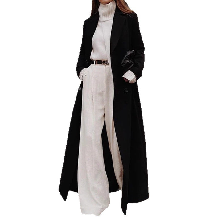Damen Langer doppeltreihiger Wollmantel mit Reverskragen und taillierter Silhouette Drune