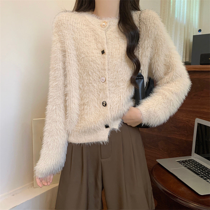 Damen kuschelige Strickjacke mit Knöpfen und weichem Fellstruktur Drune