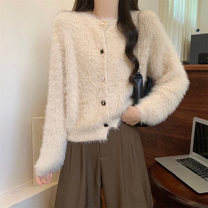 Damen kuschelige Strickjacke mit Knöpfen und weichem Fellstruktur Drune