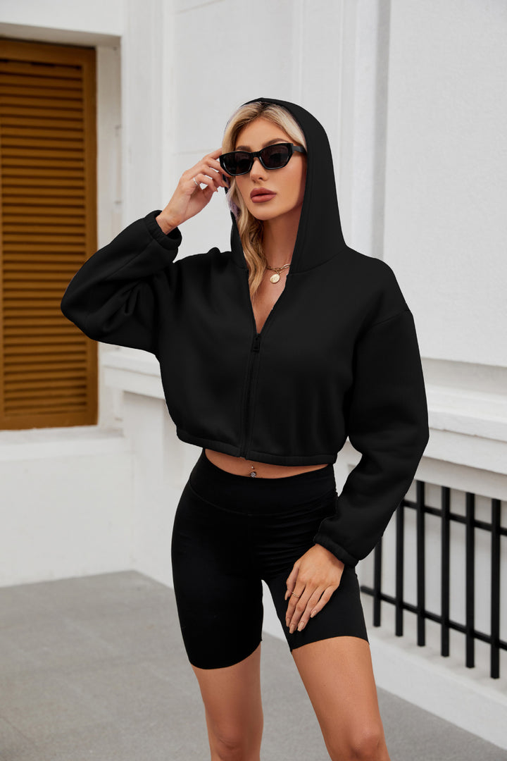 Damen Cropped Kapuzenjacke mit durchgehendem Reißverschluss und oversized Ärmeln Drune