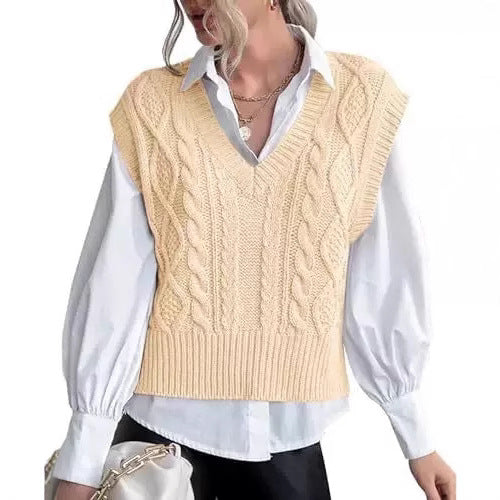 Damen Strickpullover im Vintage-Look mit V-Ausschnitt und Zopfmuster Drune