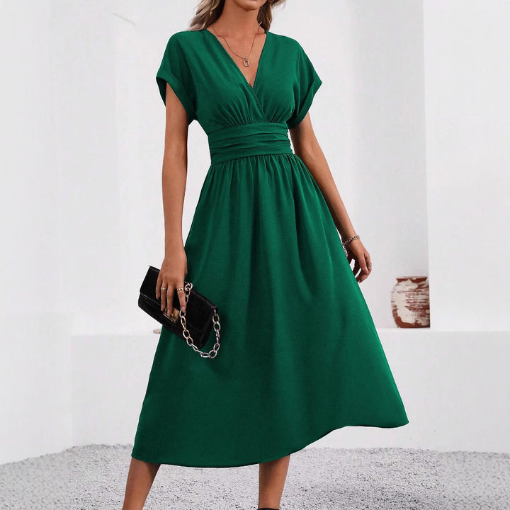Damen Midi-Kleid mit V-Ausschnitt und breiten Trägern Drune