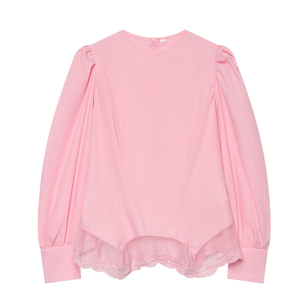 Damen Romantische Bluse mit Puffärmeln und Spitzenbesatz Drune