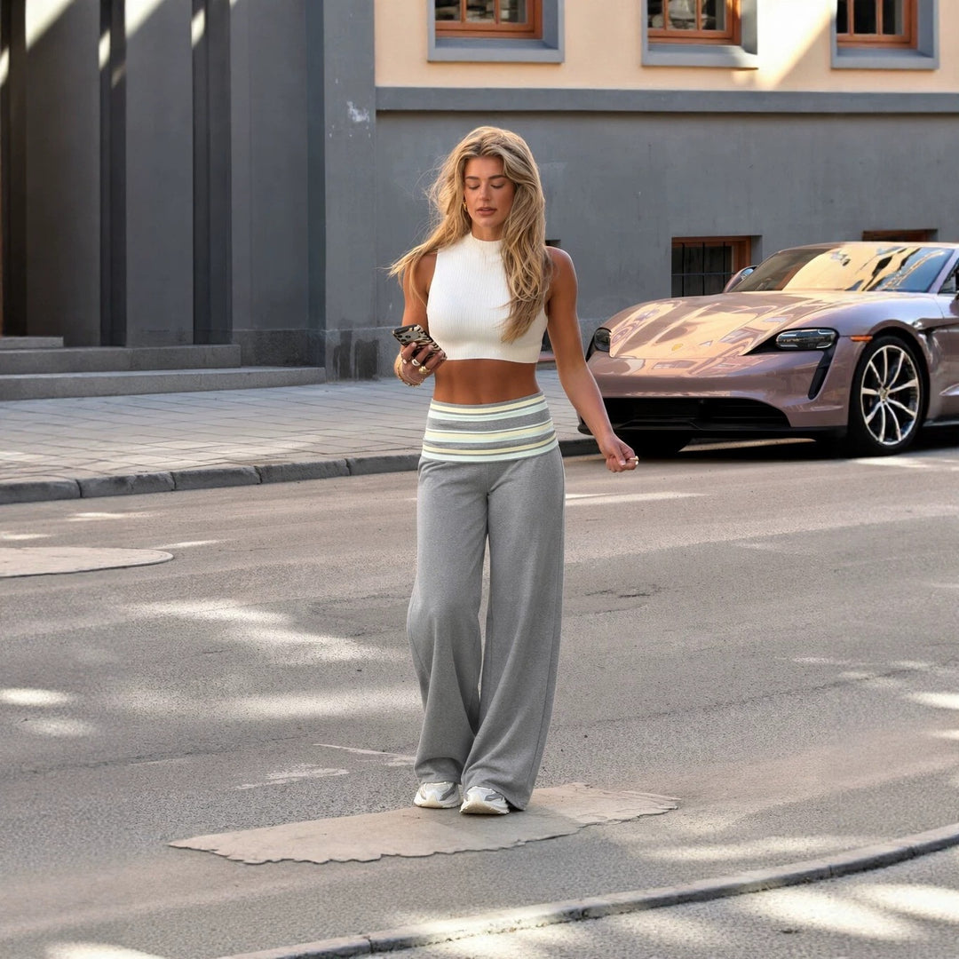 Damen weite hochgeschnittene Lounge-Hose mit gefaltetem Bund und fließender Jersey-Qualität Drune