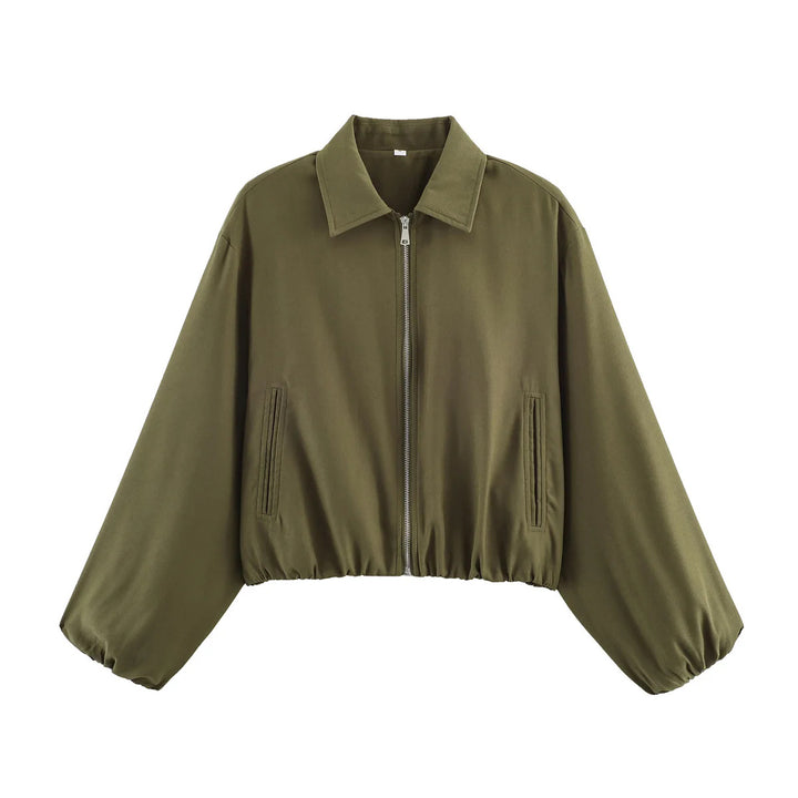 Damen nan Cropped Bomberjacke mit durchgehendem Reißverschluss, weitem Ballonärmeln und elastischem Saum Drune