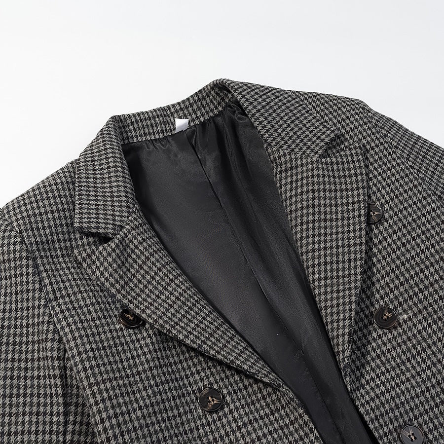 Damen Gehrock‑inspirierter Hahnentritt‑Blazer mit Cutaway‑Saum und doppelreihiger Knopfleiste Drune