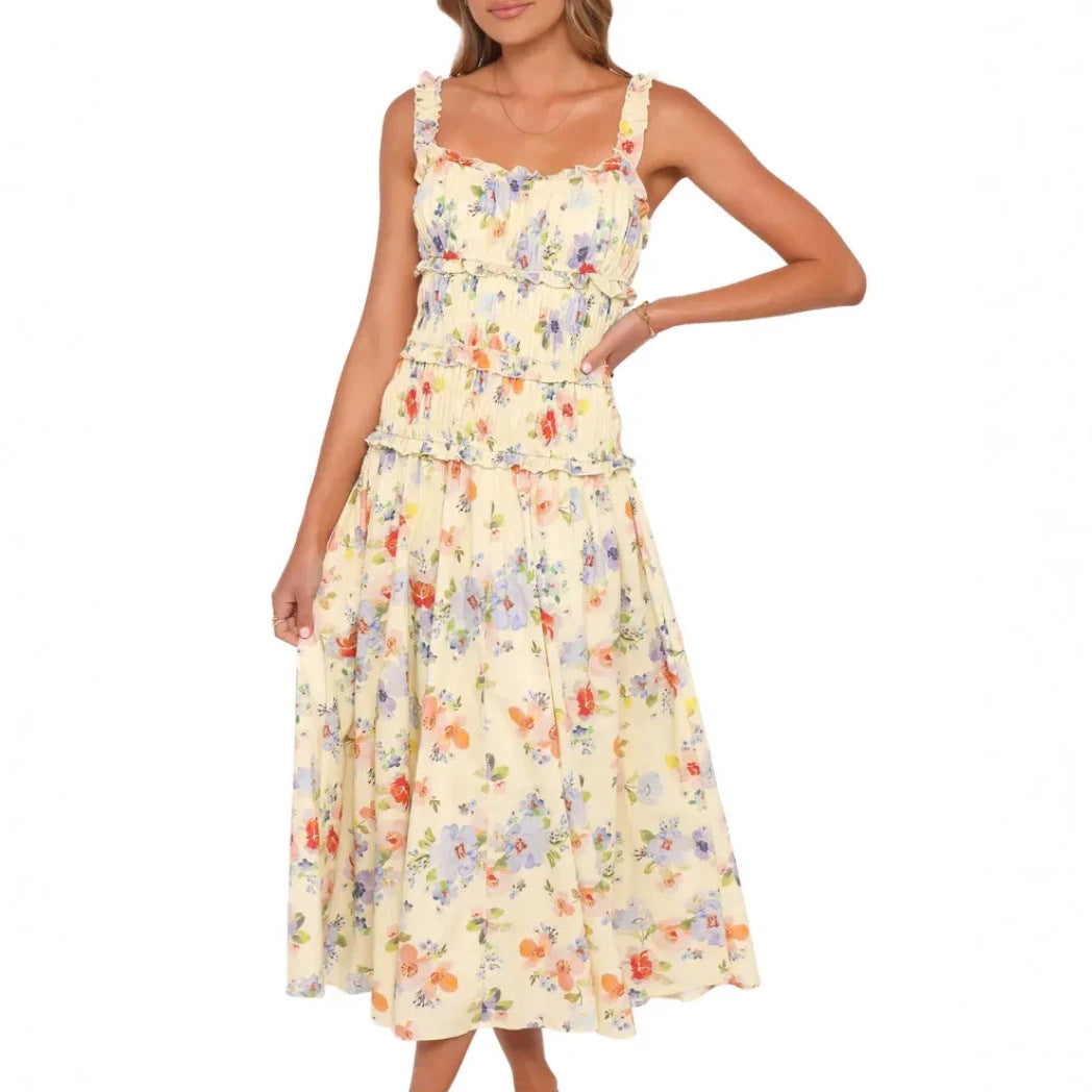 Damen nan luftig-leichte Stufenmidikleid mit gerafftem Oberteil und Rüschen-Trägern Drune