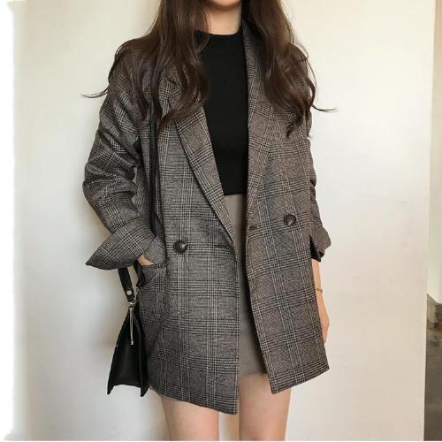 Damen Eleganter karierter Blazer mit doppelter Knopfleiste Drune