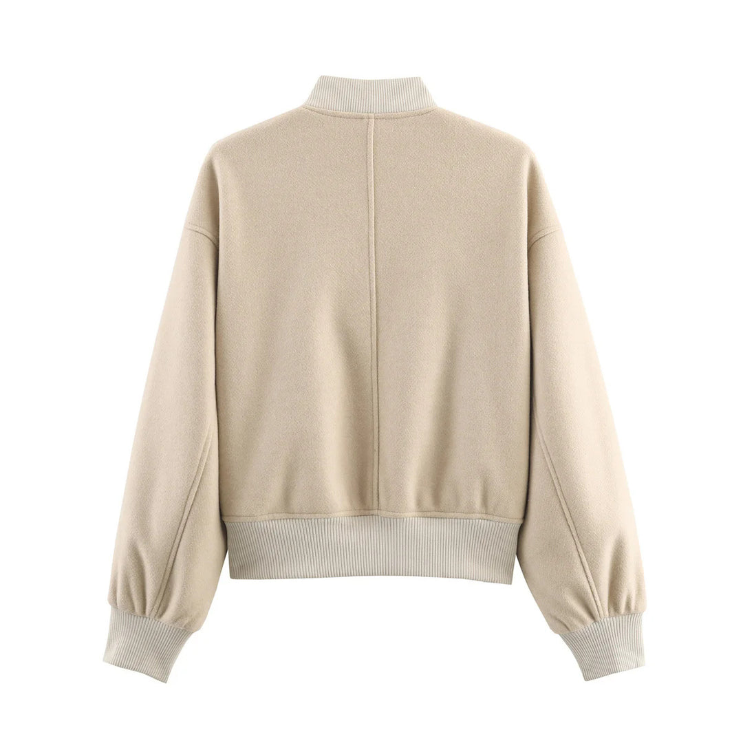 Damen nan kastig geschnittene Wolloptik-Collegejacke mit verdeckter Druckknopfleiste und seitlichen Schubtaschen Drune