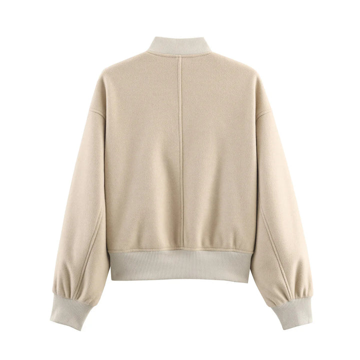 Damen nan kastig geschnittene Wolloptik-Collegejacke mit verdeckter Druckknopfleiste und seitlichen Schubtaschen Drune