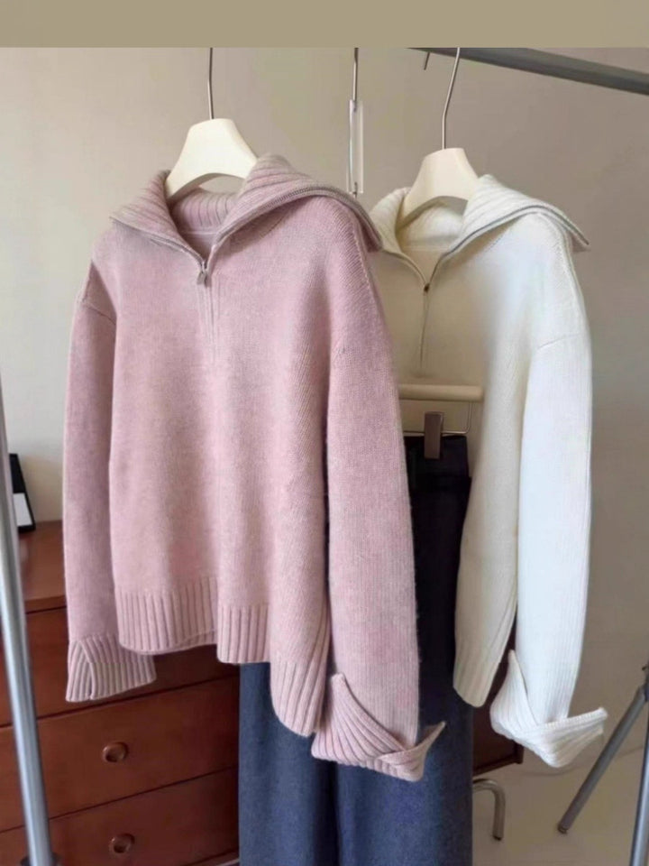 Damen Oversize Feinstrickpullover mit halbem Reißverschluss und weitem Rollkragen Drune